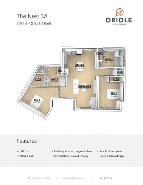 Floor plan for 2 beds, 2 baths, 1081 sqft